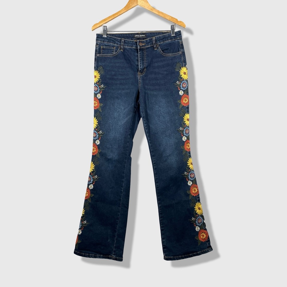 Ashley Mason Embroidered Flare Jeans Women 11/30 Blue Floral Boho Cottagecore